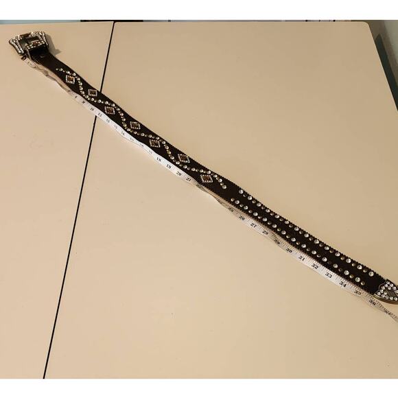 Rhinestone Studded Brown Leather Belt Size Small - Picture 5 of 8